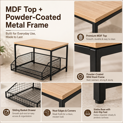 2-Tier Wooden Countertop Organizer with Sliding Mesh Basket