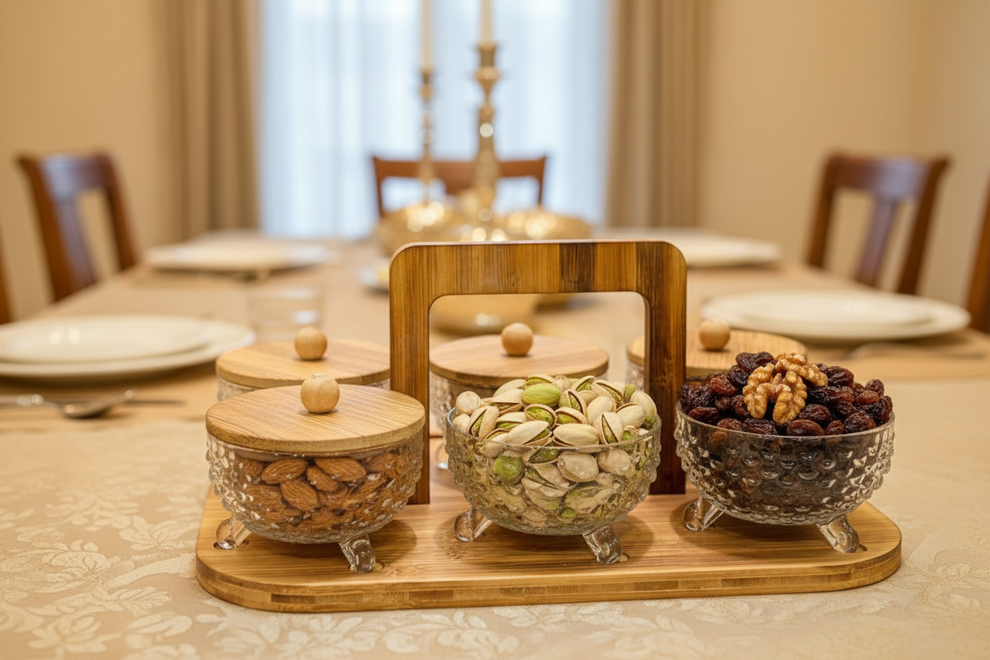 6-Piece Crystal Glass Dry Fruit & Snack Serving Set with Wooden Stand