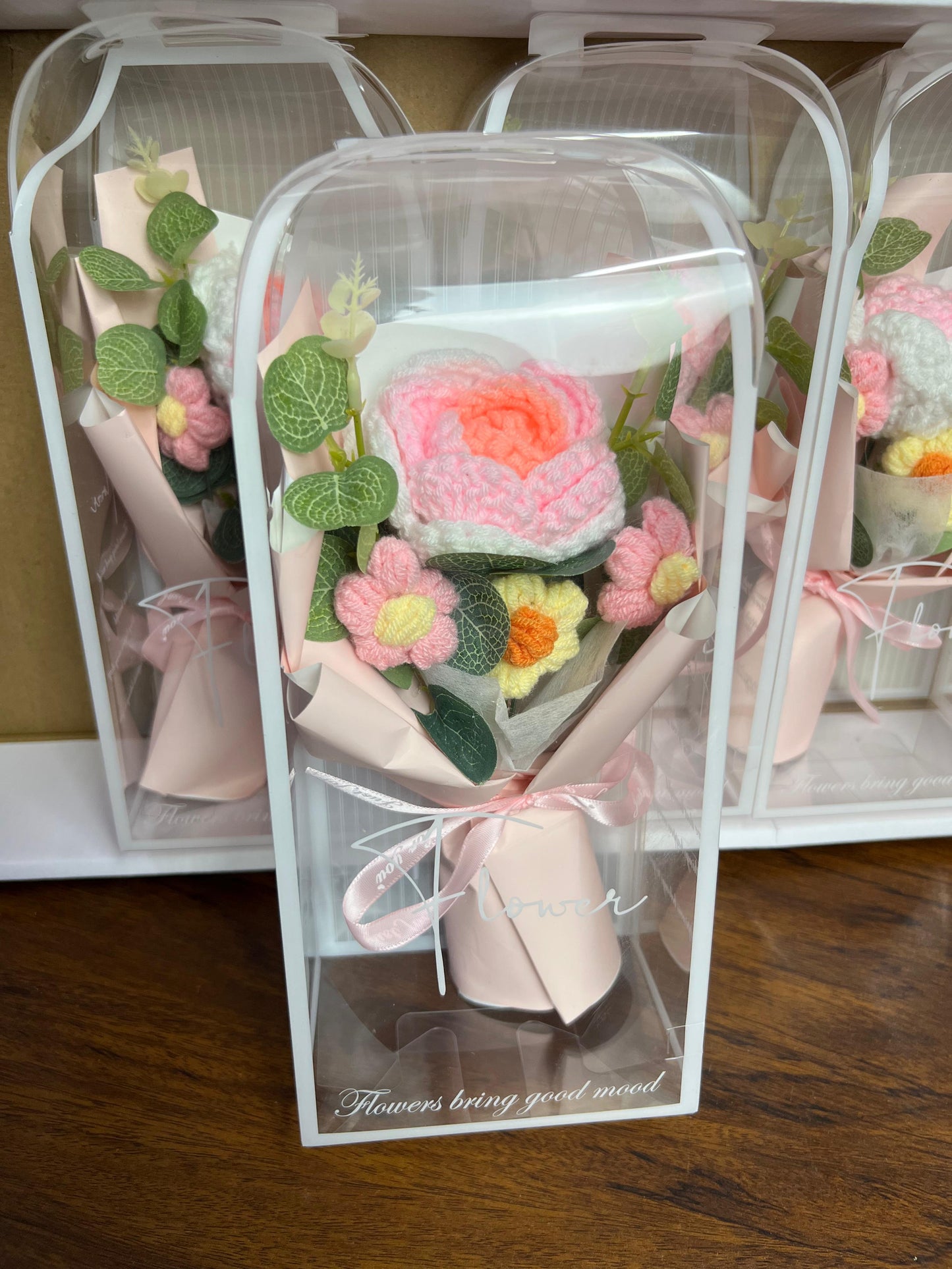 Everlasting Hand-Woven Crochet Flower Bouquet with Mini Bear