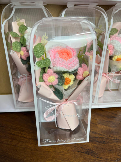 Everlasting Hand-Woven Crochet Flower Bouquet with Mini Bear