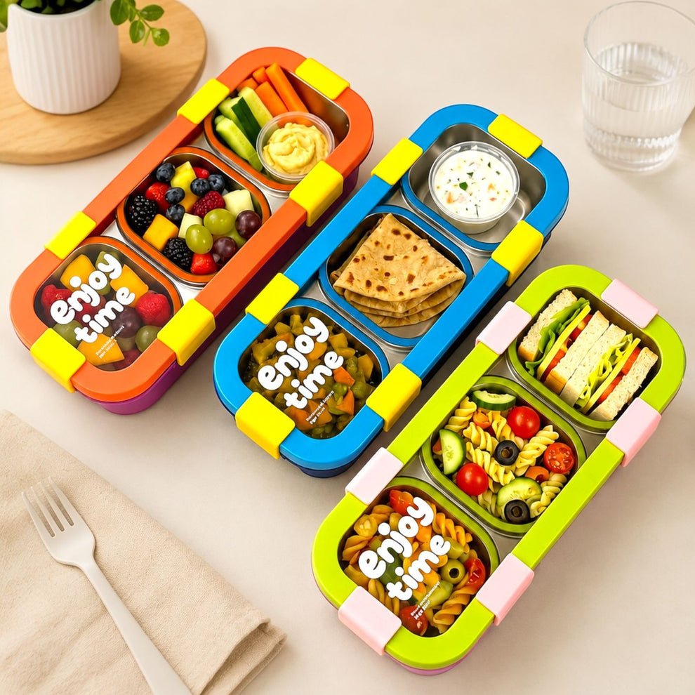 Stainless Steel 3-Compartment Bento Lunch Box with Hidden Cutlery Drawer