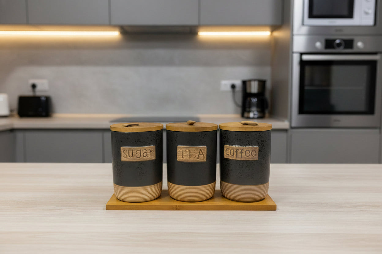 Ceramic Tea Coffee Sugar Canister Set with Wooden Lids - My Store