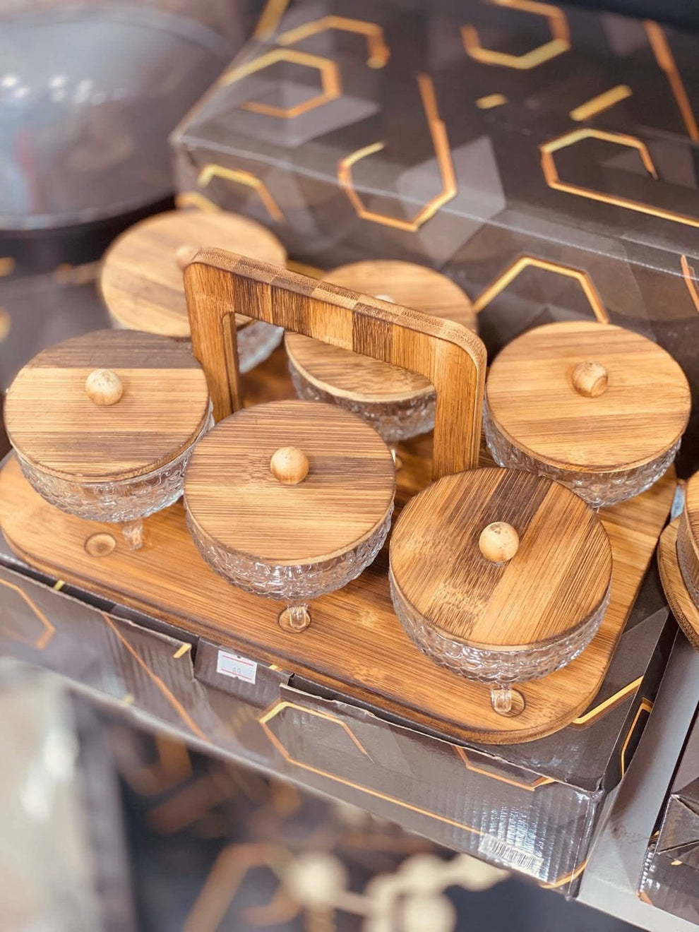 6-Piece Crystal Glass Dry Fruit & Snack Serving Set with Wooden Stand