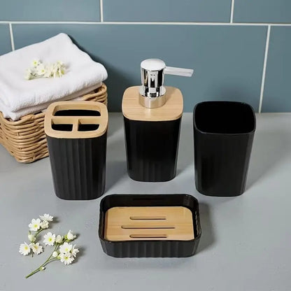 Modern 4-Piece Bathroom Accessory Set – Bamboo & White/Black