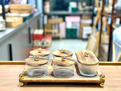 Luxury Fluted Glass Spice & Condiment Jar Set with Wooden Tray & Gold Accents