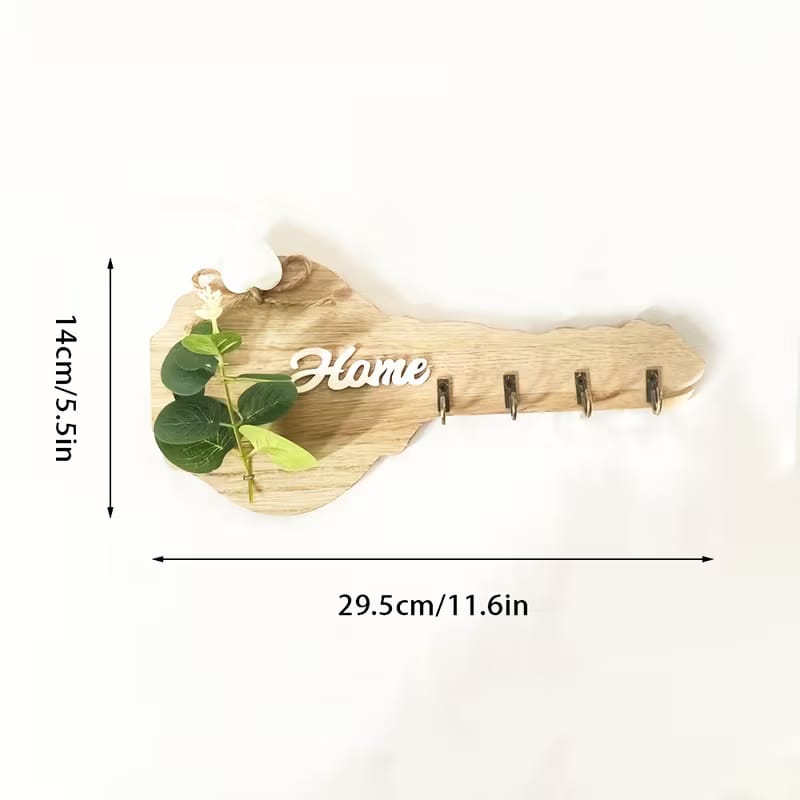 Aesthetic Key-Shaped Wooden Wall Key Holder with 4 Hooks