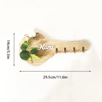 Aesthetic Key-Shaped Wooden Wall Key Holder with 4 Hooks