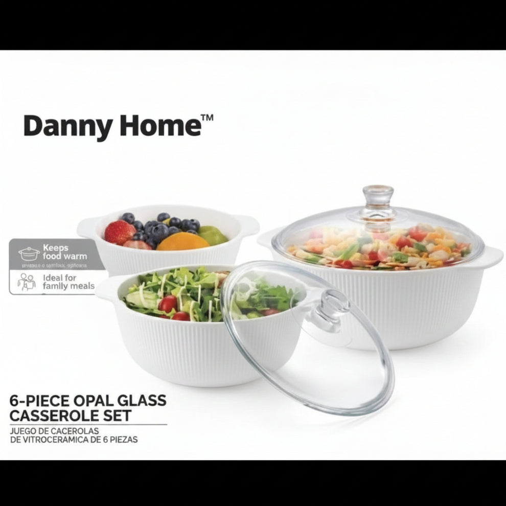 Danny Home Ribbed Opal Glass Casserole Set – 6 Piece
