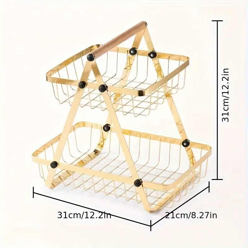 2-Tier Metal Fruit Basket with Wooden Handle - My Store