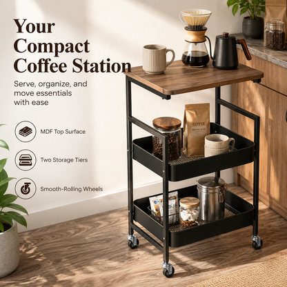 3-Tier Rolling Utility Cart with MDF Wooden Top & Mesh Storage Baskets