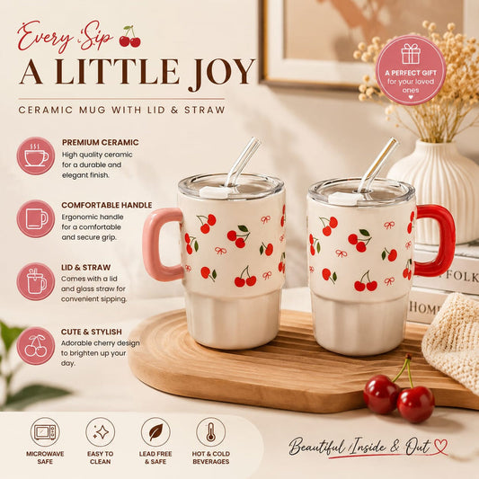 7-Inch Cherry & Ribbon Ceramic Mug with Lid & Glass Straw