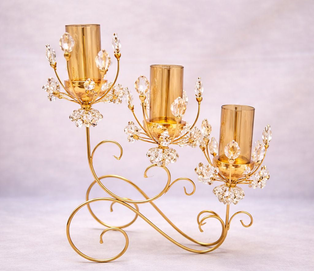 Elegant 3-Piece Crystal Candle Stand (Gold Finish) - My Store