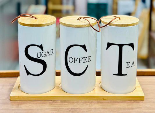 3-Piece Ceramic Tea, Coffee & Sugar Canister Set with Bamboo Lids & Wooden Tray
