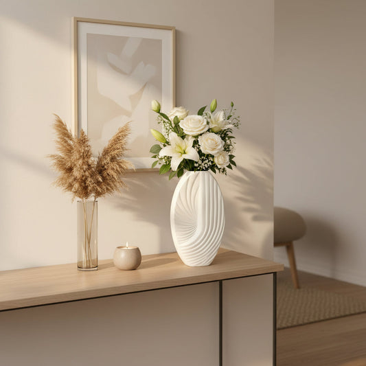 Artisan Sculpted Spiral Oval Ceramic Centerpiece Vase