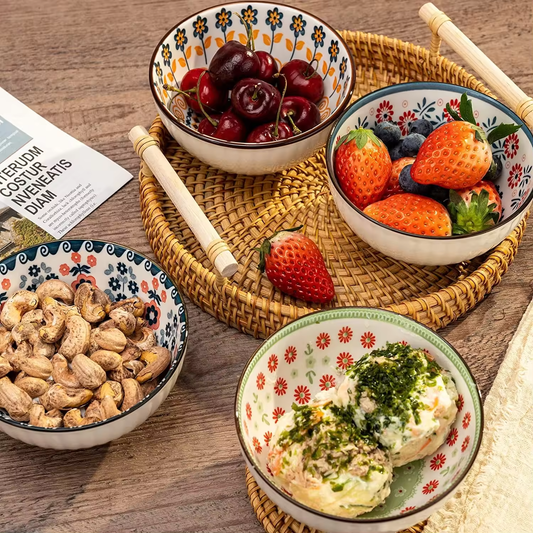 Japanese-Style Ceramic Bowl Set (Floral Design)