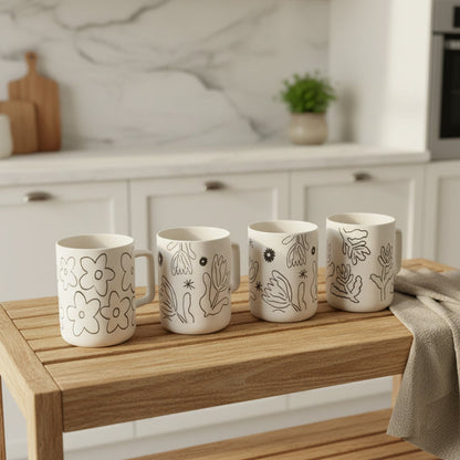 4-Piece Ceramic Floral Coffee Mug Set – 350ml / 12 oz