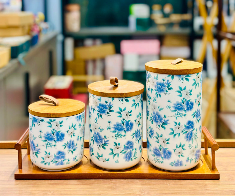 3-Piece Floral Ceramic Kitchen Storage Canister Set with Wooden Tray & Bamboo Lids