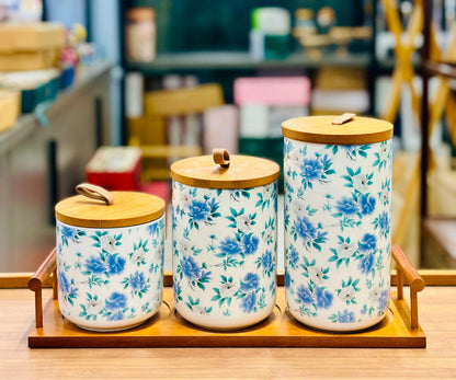3-Piece Floral Ceramic Kitchen Storage Canister Set with Wooden Tray & Bamboo Lids