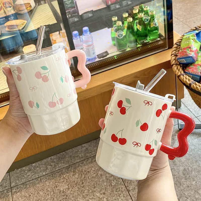 7-Inch Cherry & Ribbon Ceramic Mug with Lid & Glass Straw