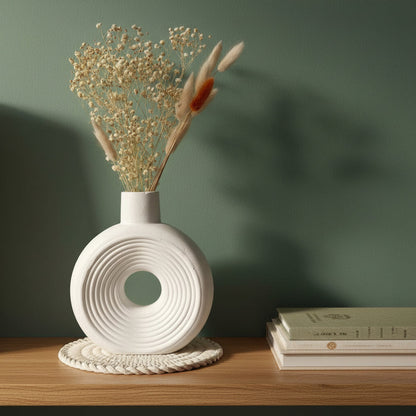 Modern Ribbed Ceramic Donut Vase – Matte White