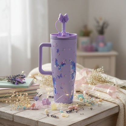 Sitarayuri™ Premium Lavender Butterfly Stainless Steel Travel Tumbler with Handle & Bow Straw