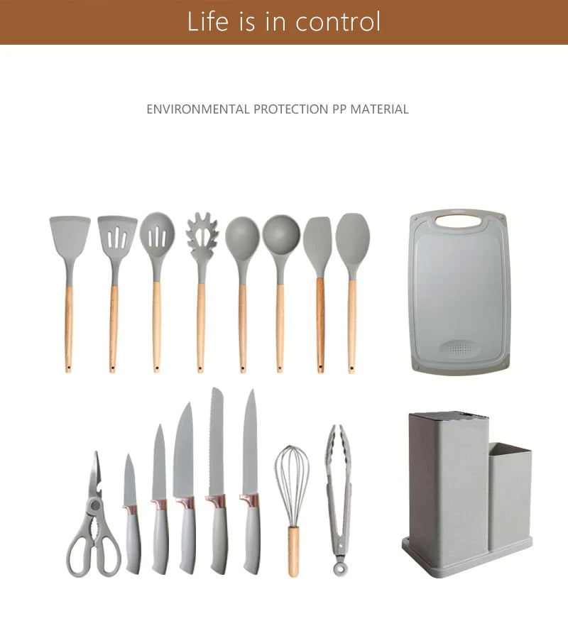 19-Piece Kitchen Tool Set with Wooden Handles