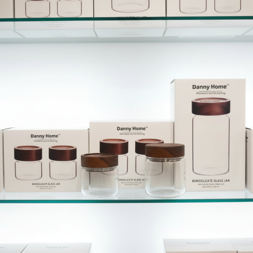 Danny Home Premium Borosilicate Glass Storage Jar Set (2 Pcs) – 340ml | Acacia Wood Lid