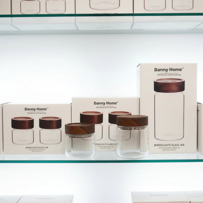 Danny Home Premium Borosilicate Glass Storage Jar Set (2 Pcs) – 340ml | Acacia Wood Lid