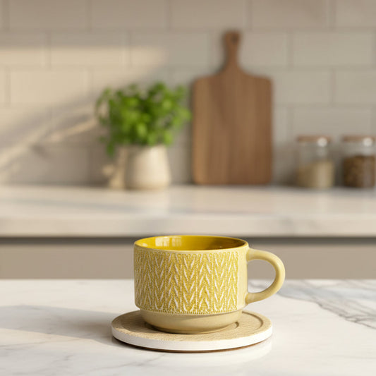 Danny Home™ Embossed Ceramic Tea Cup & Saucer 6 pcs Set – 230ml