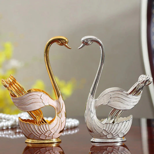 Royal Bow Knot Enamel Swan Spoon Holder Set