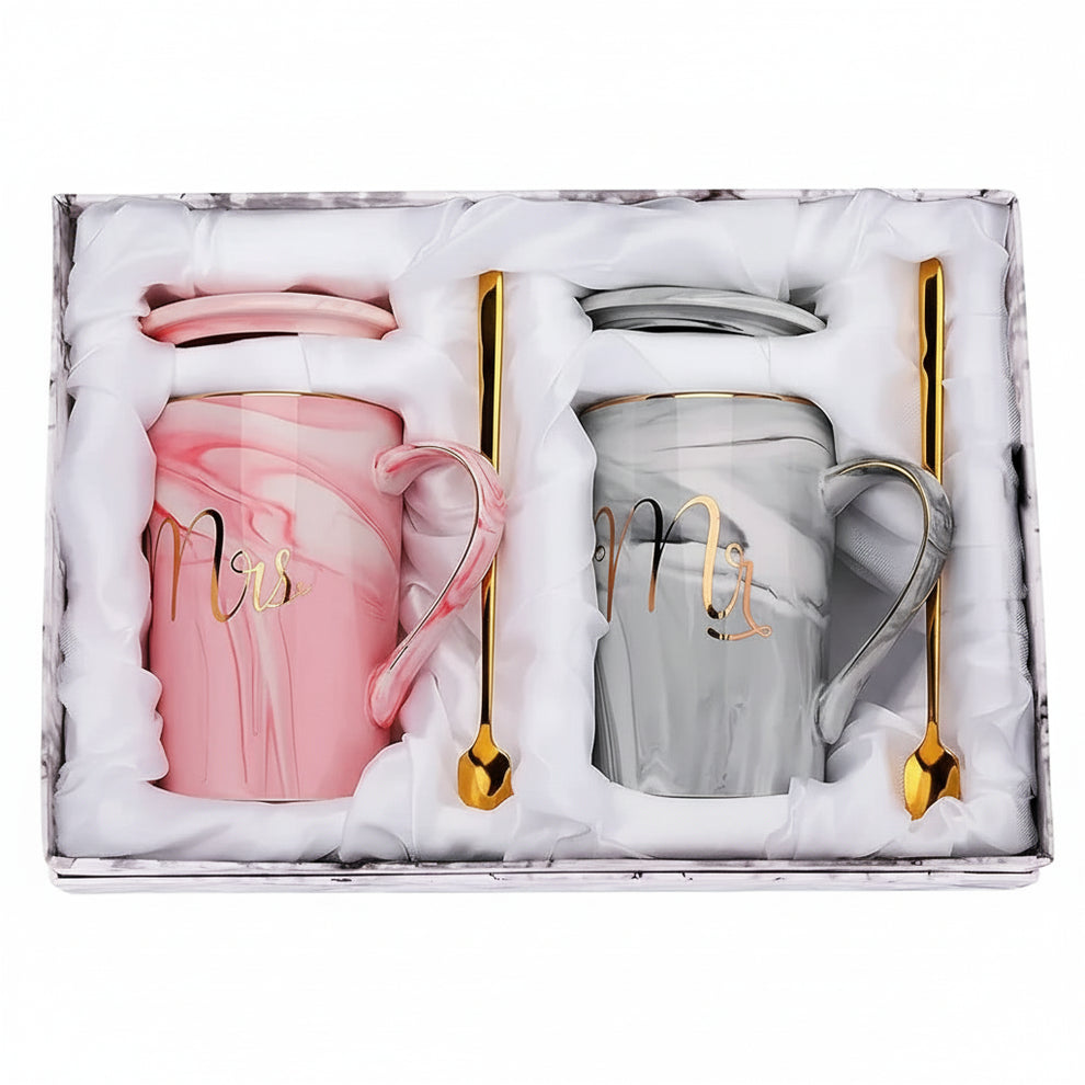 2-Piece Mr. & Mrs. Marble Ceramic Coffee Mug Set with Lids & Gold Spoons