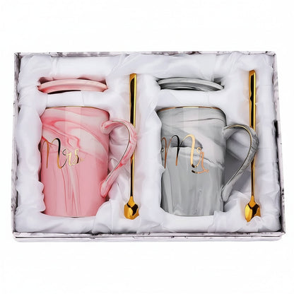 2-Piece Mr. & Mrs. Marble Ceramic Coffee Mug Set with Lids & Gold Spoons