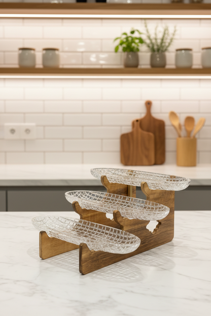 Walnut 3-Tier Crystal Glass Serving Tray Set with Wooden Stand