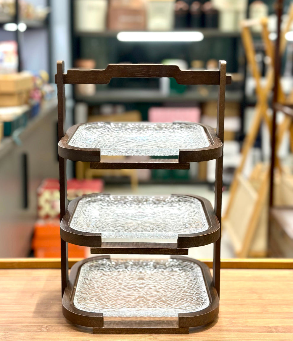 Walnut Elegance 3-Tier Glass Serving & Display Stand