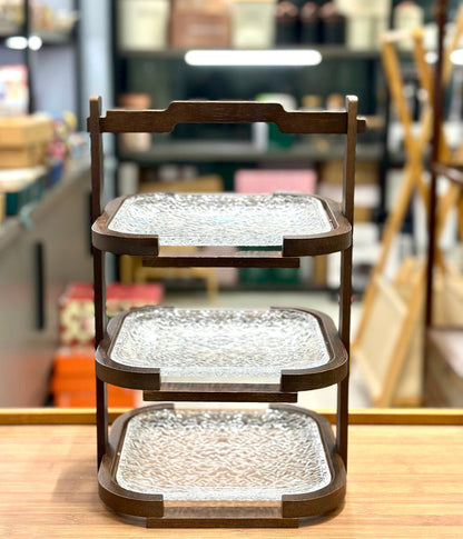 Walnut Elegance 3-Tier Glass Serving & Display Stand