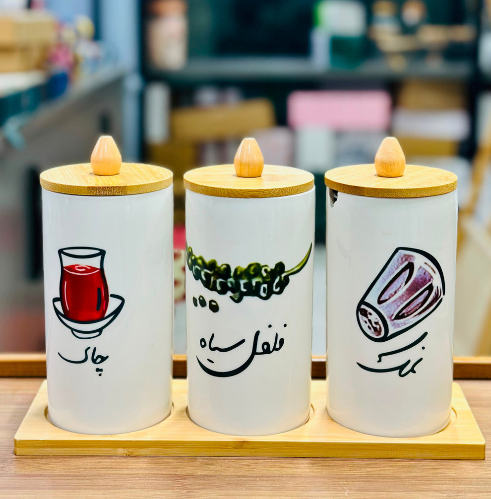 3-Piece Ceramic Kitchen Storage Jar Set with Bamboo Lids & Wooden Tray (Tea, Black Pepper & Salt)