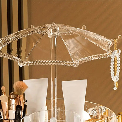 Umbrella Makeup Organizer – Transparent 360° Rotating Cosmetic Storage Box