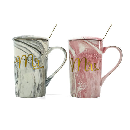 2-Piece Mr. & Mrs. Marble Ceramic Coffee Mug Set with Lids & Gold Spoons