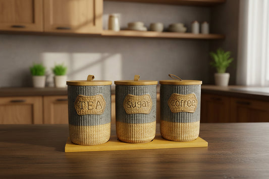 Ceramic Tea Coffee Sugar Canister Set with Wooden - My Store