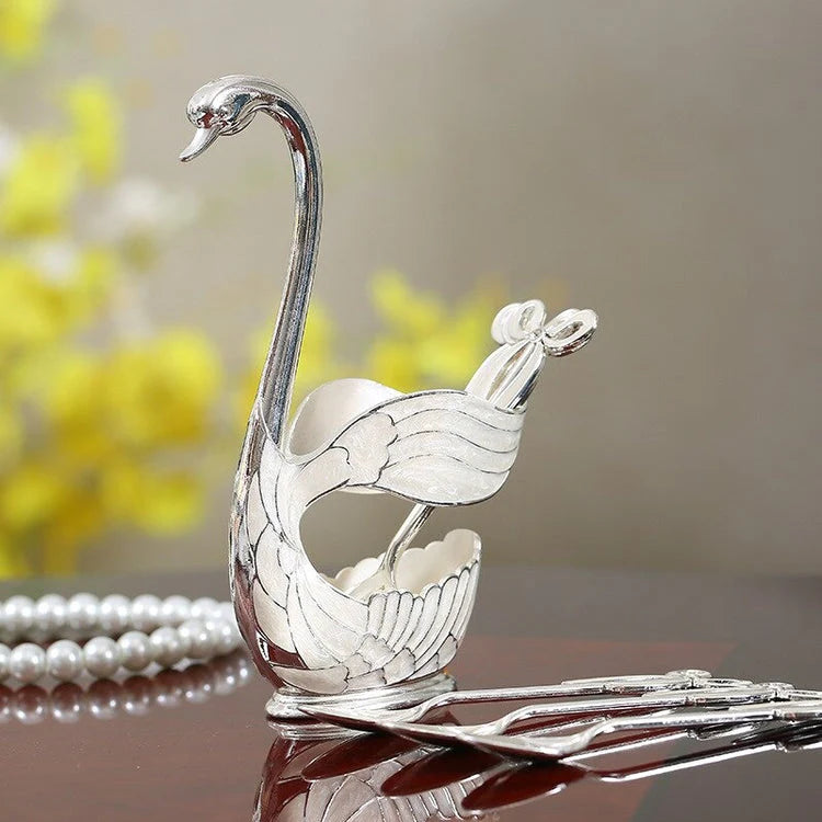 Royal Bow Knot Enamel Swan Spoon Holder Set