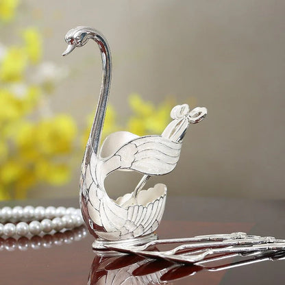 Royal Bow Knot Enamel Swan Spoon Holder Set