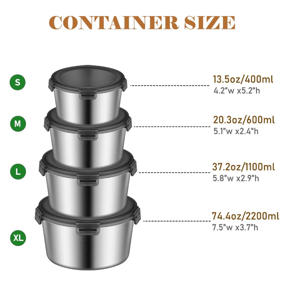 4 pcs Airtight Stainless Steel Food Container & Storage Bowl Set with Lock Lids