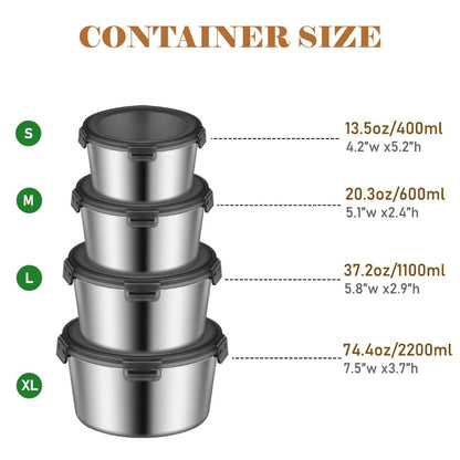 4 pcs Airtight Stainless Steel Food Container & Storage Bowl Set with Lock Lids