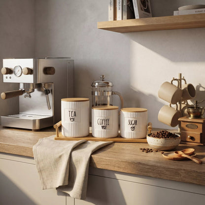 Ceramic Tea, Coffee & Sugar Canister Set with Bamboo Lids & Wooden Tray