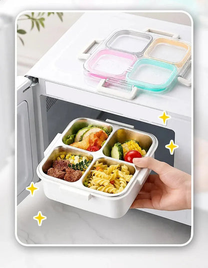 304 Stainless Steel 4 Compartment Lunch Box with Cutlery Storage