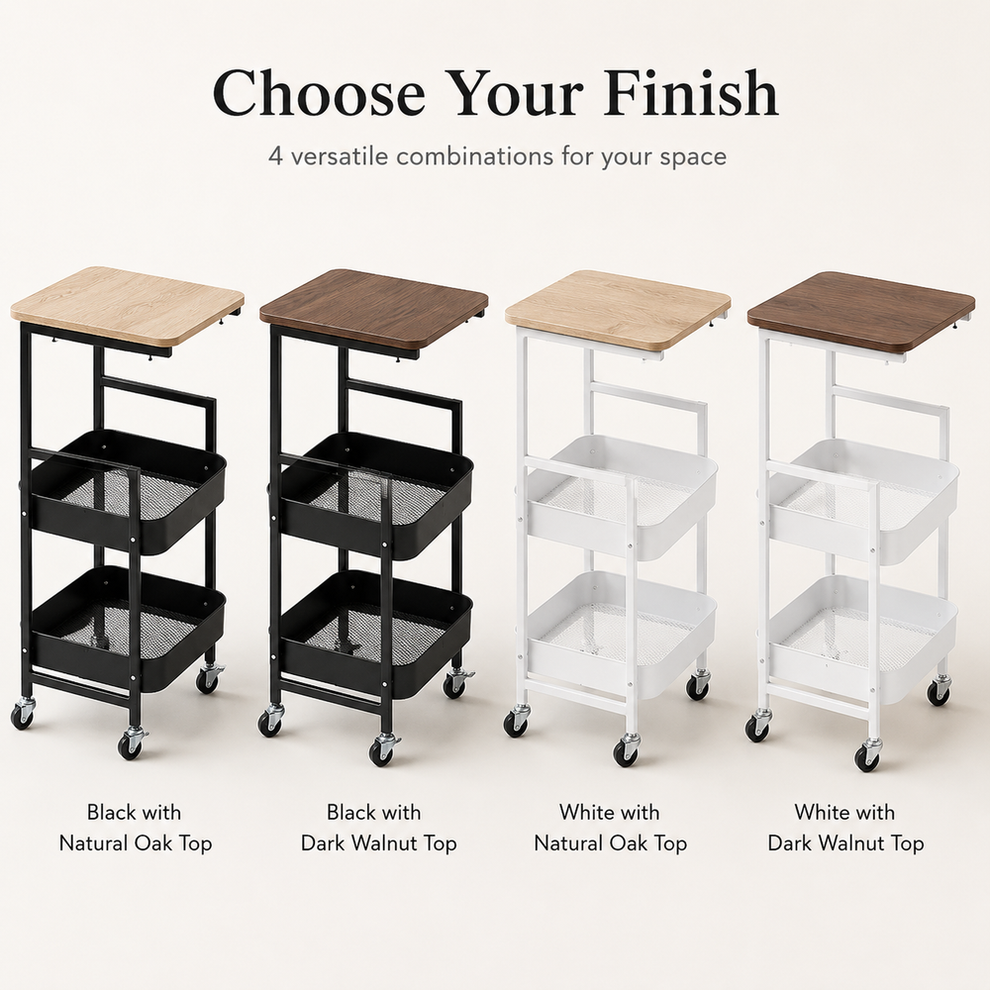 3-Tier Rolling Utility Cart with MDF Wooden Top & Mesh Storage Baskets