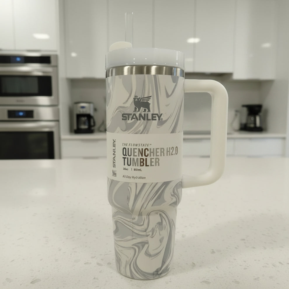Marble Design Insulated Stainless Steel Travel Tumbler with Handle & Straw – 887ml (30oz)