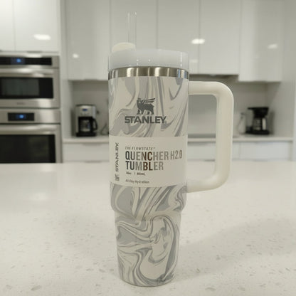 Marble Design Insulated Stainless Steel Travel Tumbler with Handle & Straw – 887ml (30oz)