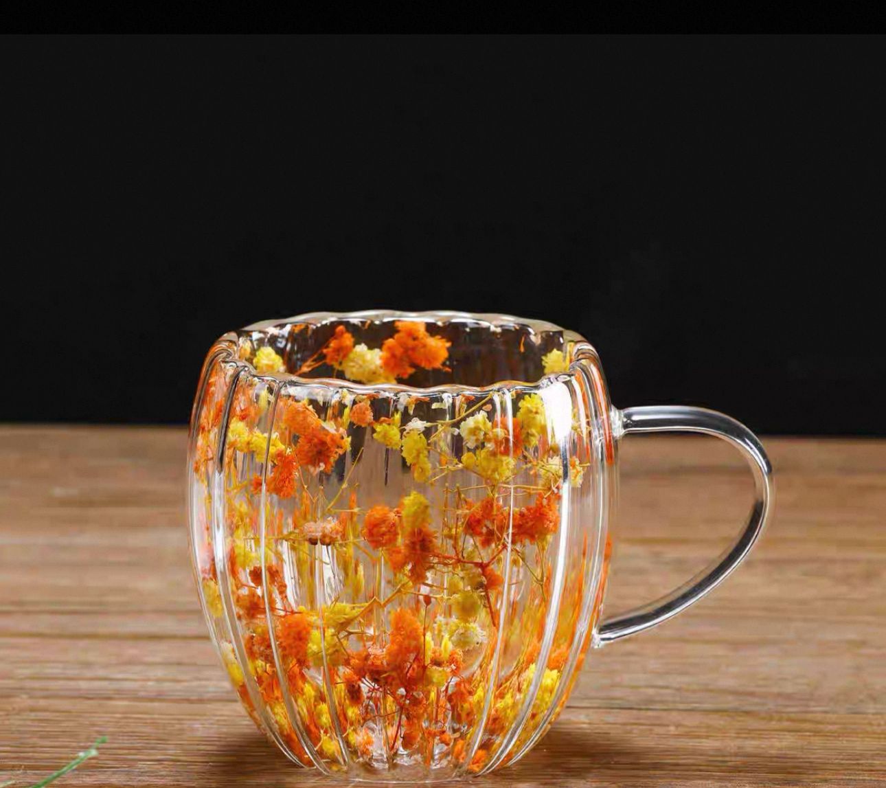 🌸 Double Wall Glass Mug with Dried Flowers (450ml)