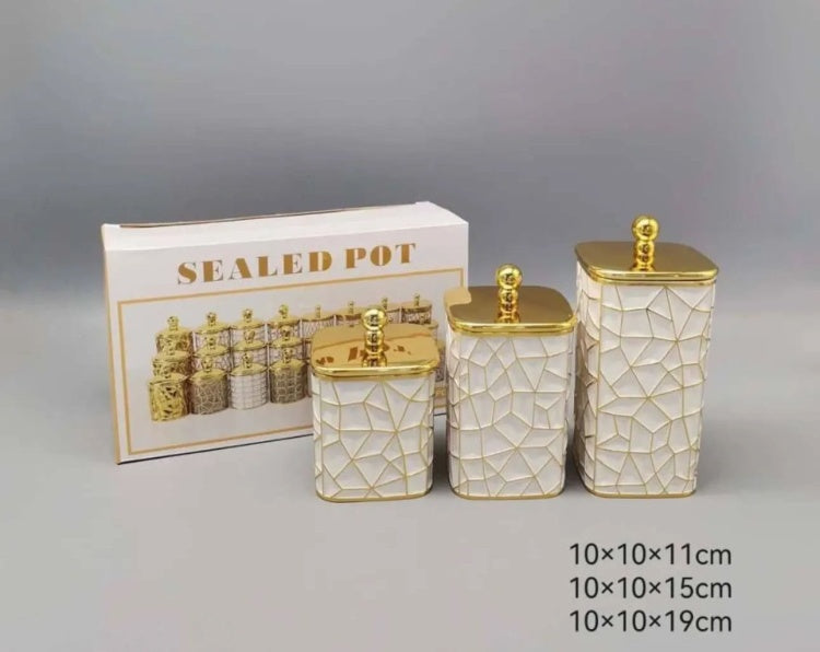 3-Piece Geometric Airtight Storage Jar Set (Luxury White & Gold) - My Store
